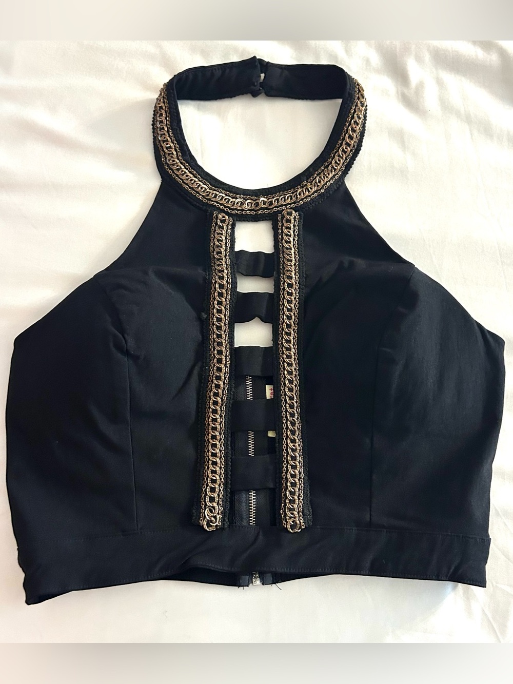 Wildcat Black Cotton Blend Gold Chain Halter Top Blouse Women's Size L